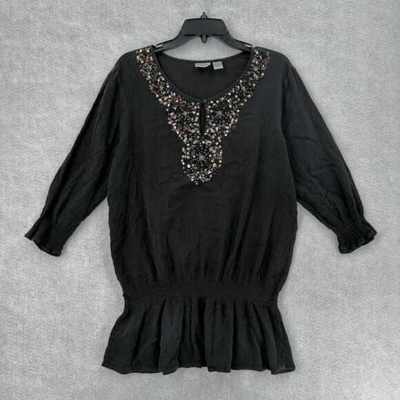 Chicos Top 3 (XL) Pullover Gauzy Sheer Black Elastic Waist Sequins Beaded Blouse - Picture 3 of 16